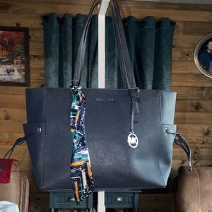 Michael Kors Dark Blue Tote with Scarf Accent